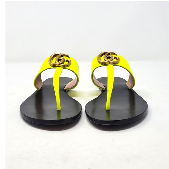 Gucci Marmont GG Sandal Thong Flat With Double G In Yellow Fluo Leather Size 37 - Picture 6 of 11